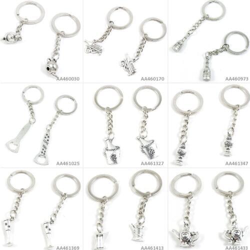 Antique Silver Tone Keychain Keyring Keytag Wine Pot Teapot Tea Kettle Watering Can Flute Glasses Goblet Trophy Ice Bucket Charm