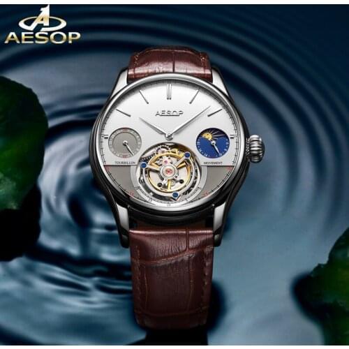 AESOP 100% Real Tourbillon Movement Men Watch Silver Case Moon Phase Waterproof Multifunctional Mechanical Watch