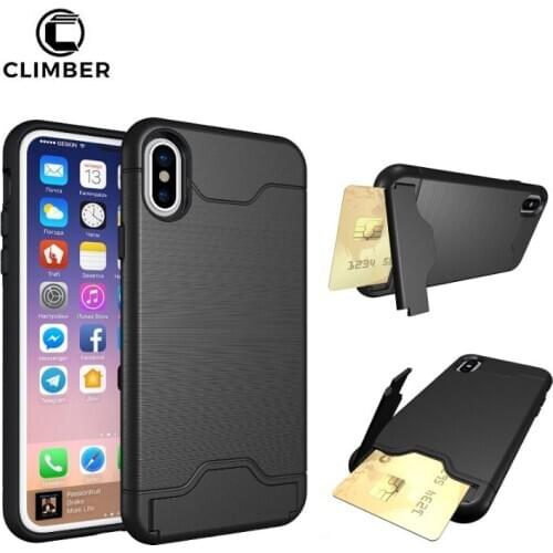 Non Slip Wiredrawing Brush Line TPU PC Credit Card Slot Holder Stand Rugged Back Cover For iPhone 7 8 Plus X Shell Case