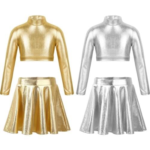 Girls Kids Jazz Dance Dress Suits Long Sleeves Turtleneck Tops Flared Pleated Skirt for Children Ballroom Modern Dance Costumes