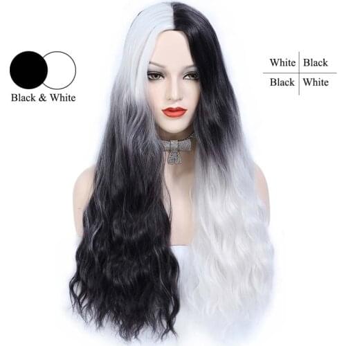 Long Wavy Curly Wigs for Women Ombre Black and White Synthetic Heat Resistant Hair Wig Goth Wig for Cosplay Party Halloween