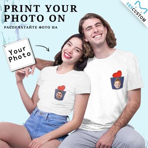 Custom Face Couple Matching Basic T shirt Women Print Love Girlfriend Gift Personalized Denim Pocket Outfit FemaleTops Tee