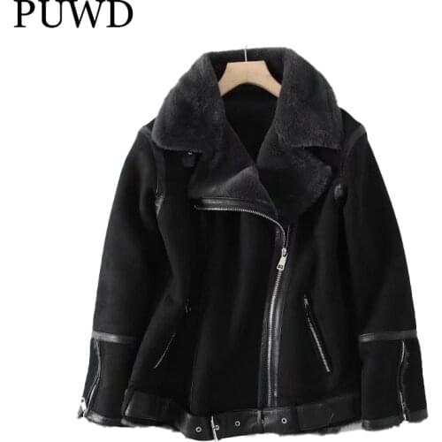 PUWD Women Grey Wool Faux Leather Fur Jacket Winter 2021 Leisure Street Zipper Cool Buckle Belt Warm Loose Female Thick Outwear