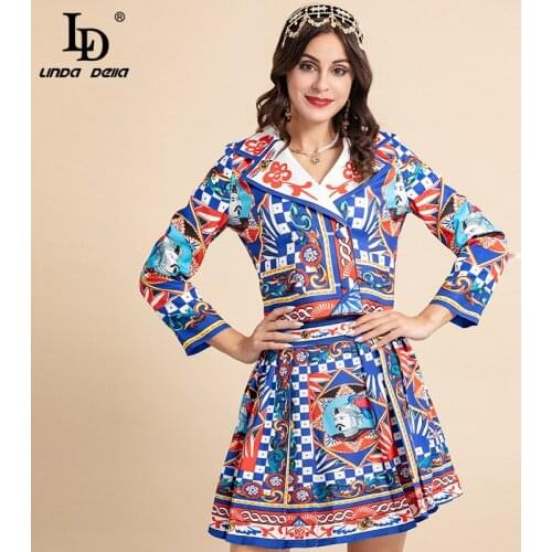 LD LINDA DELLA Fashion Runway Autumn Skirt Suit Women Notched Long sleeve Coat + Vintage Blue warrior print Skirts 2 Pieces Set