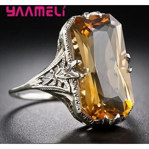 Statement Big Rectangle CZ Stone Ring for Women Female Excellent 925 Sterling Silver Citrine Topaz Christmas New Year Gift