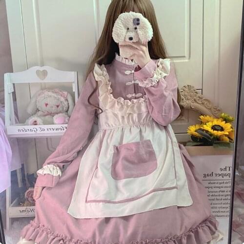 Sweet Gothic Lolita Dress Vintage Lolita Fake Two Piece Stitching Long-sleeved Dress Wood Ear Loli Dress Kawaii Girl