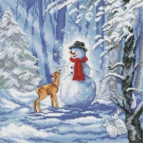 Gold Collection Counted Cross Stitch Kit Winter Forest Snowman and Deer bunny snowing