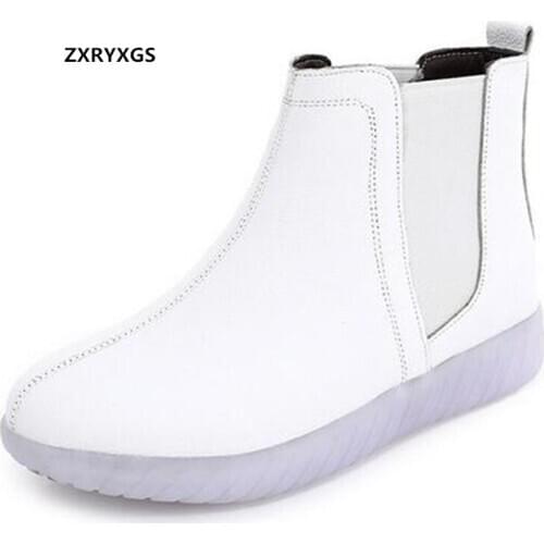 New Spring Genuine Leather Boots White Ankle Boots All-match Flat Heel Soft-soled Chelsea Boots Casual Warm Winter Female Boots