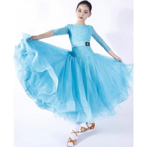 New Girls Ballroom Dress Lace Mid Sleeve Kids Modern Dancing Clothes Waltz Flamenco Ballroom Dance Competition Dresses DNV10238