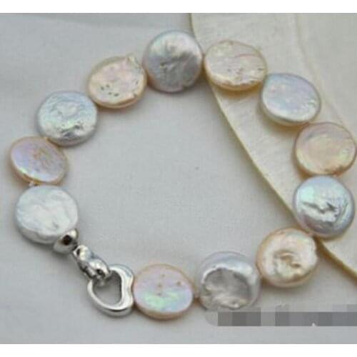 New hot 8" 15mm coin white pink freshwater pearl bracelet