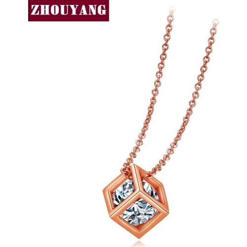 Top Quality ZYN425 Hollow Out Cube Crystal Rose Gold Color Pendant Necklace Jewelry Austrian Crystal