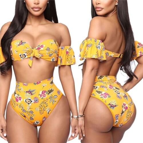 Sexy Women Two Piece Split Bikini Sets Suits Floral Print Top and High Waist Trunks Swimming Suit For Women Set Beachwear