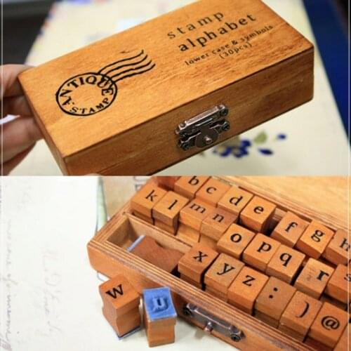 Lowercase Alphabet Stamp Wooden Box a-z Letter Retro Vintage Letter Seal Brass Buckle A-Z Letters Wooden Stamp Learning Supplies