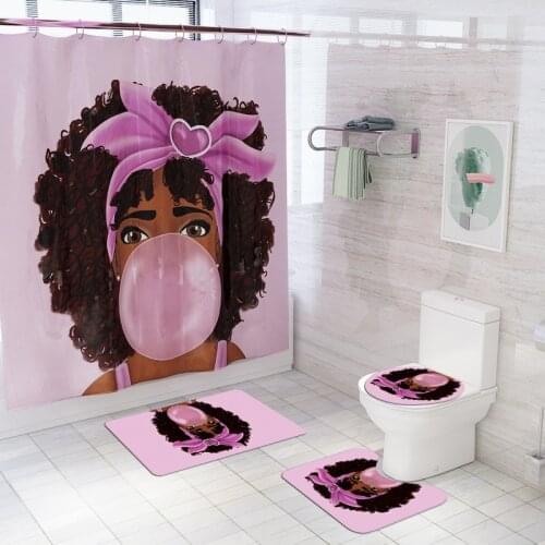 Pink African Girl with A Headband Printed Fabric Shower Curtain Bathroom Curtains Non-Slip Rugs Carpet Toilet Flannel Bath Mat