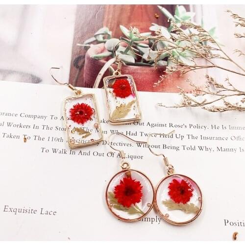 1Pair Silver Natural Dried Flower Earrings Wave Surface Transparent Blue Pressed Forget Me Not Resin Earrings