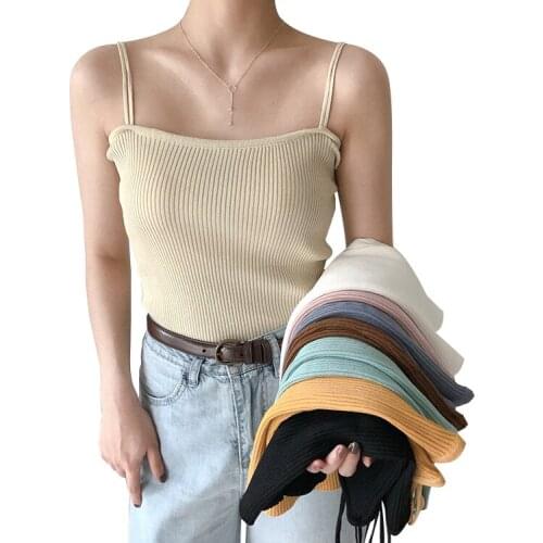 Summer Girls Slash Neck Knitted Solid Camis Tops Sleeveless Shirts Women Spaghetti Straps Camisoles Tanks Tops