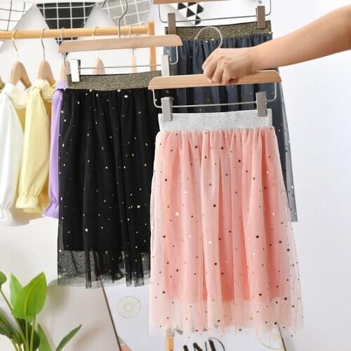 Qunq Spring Summer Girls Skirt Star Sequined Mesh Kids Princess Skirts for Girl Toddler Teens Children Outfits