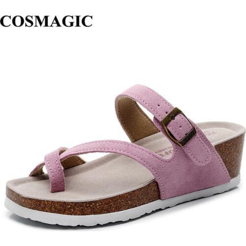 COSMAGIC 2020 New Summer Beach Wedge Cork Slippers Casual Women Nubuck Leather Med Heel Platform Non-slip Slide Shoe