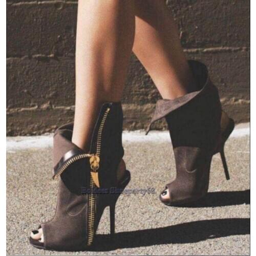 Luxury suede leather top quality peep toe side zipper short boots women slip on slingback Thin High Heel Autumn Ankle Boots