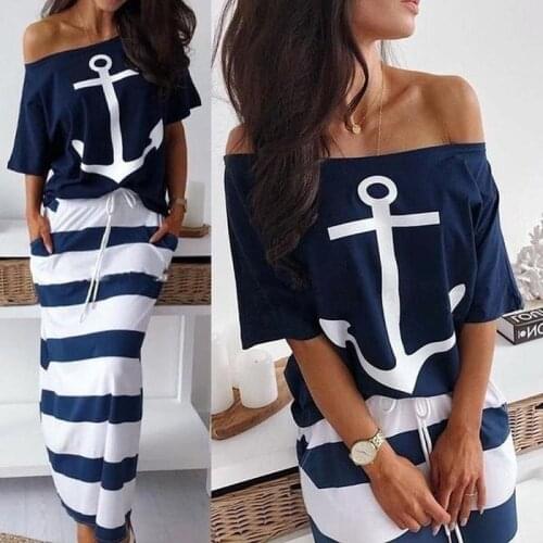 Women Sexy Off Shoulder Dress Summer Casual 2 Piece Set Dresses Hope Boat Anchor Print Slash Neck T-Shirt Top Striped Skirt Sets