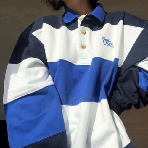 B-TOTO American Retro Tide Brand Blue And White Striped Polo Collar Loose Sweater Women Tide Ins 2021 Fashion