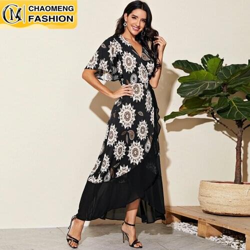 New Design Summer Bohemian Women Printed Chiffon Femme Robe Stitching Fashion Slit Lrregular Vestidos Ladies Floral Beach Dress