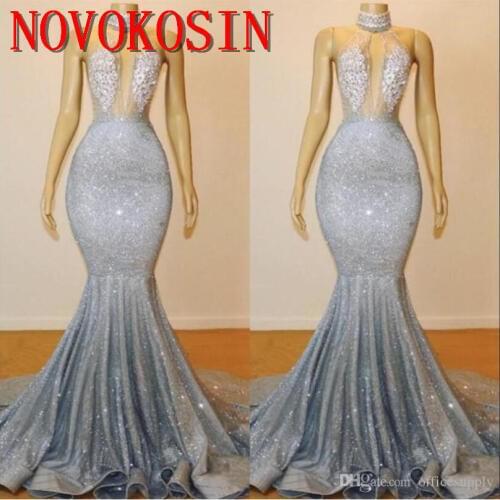 2019 Top Tulle Appliqued Beaded Silver Evening Dresses Halter Backless Mermaid Sequin Lace Long Prom Pageant Formal Gowns