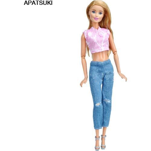 1Set Fashion Outfits For Barbie Doll 1/6 Pink Short Top & Jeans Pants Handmade Clothes For Barbie Dollhouse 1/6 Kids Toy