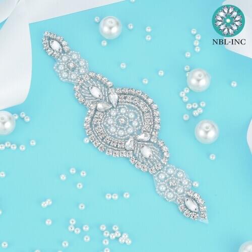 1PC) Silver crystal rhinestone pearl applique patch iron on sew on for dress WDD0019