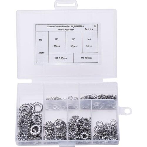 300Pcs/set M2.5 M3 M4 M5 M6 M8 Mix DIN6798A 304 Stainless Steel Washers External Toothed Gasket Serrated Lock Washer Kit