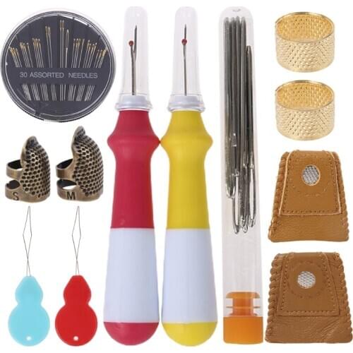 49pcs Sewing Tool Set Large-Eye Knitting Needles Leather Thimble Finger Protector Rings Yarn Scissor Needle Threader