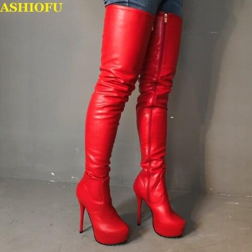 ASHIOFU Womens Over Knee Boots Faux-leather Sexy High Heel Party Club Booties Large Size Evening Fashion Highheel Thigh-Hi Boots