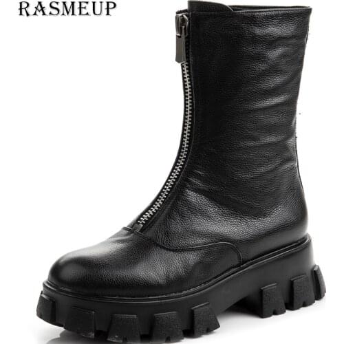 RASMEUP 2020 Fashion Women Front Zipper Platform Boots Ankle Boots For Women Chunky Heels Women Boots Winter Shoes