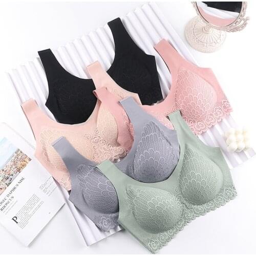 Women Seamless Plus Size Bras with Gathers Pad Lace Comfortable Push Up Brassiere Bra Vest Wireless Sports Bras Crop Top
