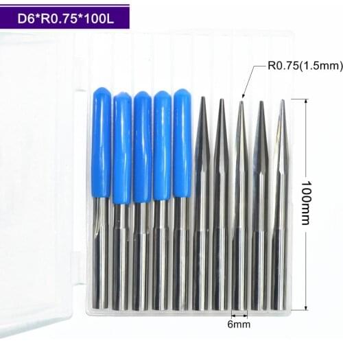 6mm*R0.75*100L,10pcs,Freeshipping Taper Ball nose End Mill,CNC milling Cutter,Solid carbide tool,woodworking router bit
