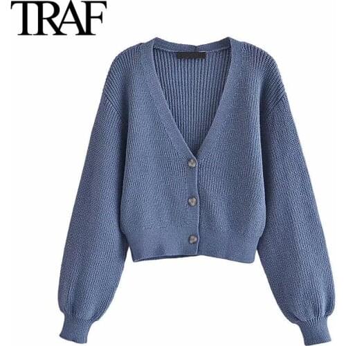 Traf Za Women Clothing Sweater Cropped Cardigan Puff Sleeve V-neck Button Loose Korean Fashion Knitted Coats Mujer
