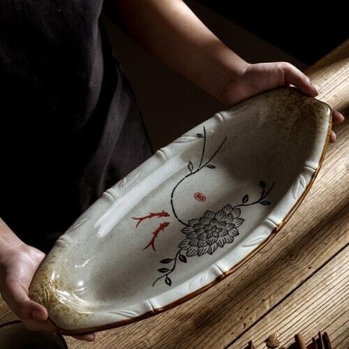 16 Inch Ceramic Tableware Creative Plate Japanese Dish Snack Storage Fish Pan Fine Dinner Plate Kitchen Accessories