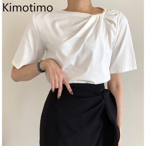 Kimotimo Design Solid T Shirt Women Korean Chic Summer Irregular O Neck Kink Short Sleeve Tops 2021 Temperament Casual Blouses