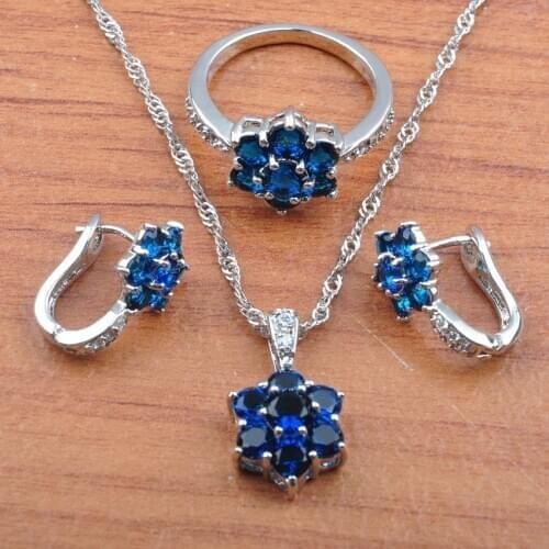 Christmas Gift Blue Crystal For Women Birthday Jewelry Set Earrings Necklace Pendant Rings Set JS0502