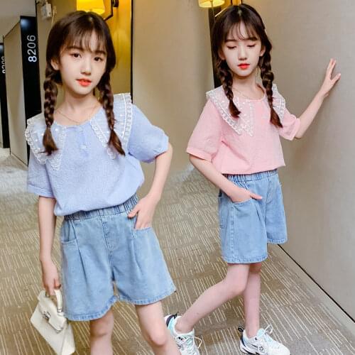Girls Clothing Sets Summer Fashion Gauze Collar Short Sleeve Tops + Denim Shorts Kids Clothes Suit Children 3-13 Y Girls Outfits