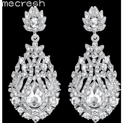Mecresh Big Teardrop Crystal Bridal Long Earrings for Women Gold Color Wedding Party Hanging Earrings Jewelry MEH729