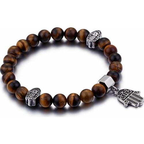 HAOLYNJOY Retro Stainless Steel Fatima Hand Charm Bracelets For Men Tiger Eyes Stone Beads Bracelets Hamsa Hand Jewelry