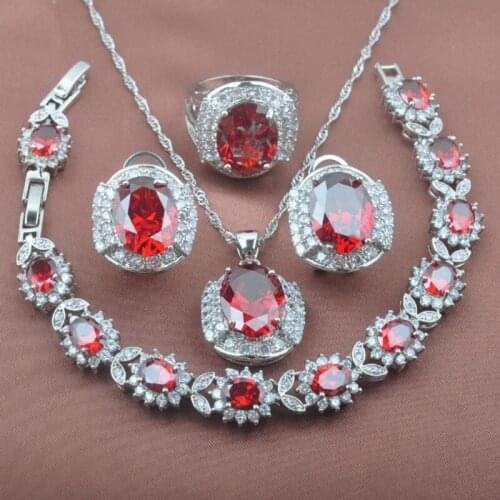 Unusual Silver Plated Crystal Jewelry Sets Women Wedding Gifts Red Zirconia Bracelet Necklace Pendant Earrings Ring YZ0238