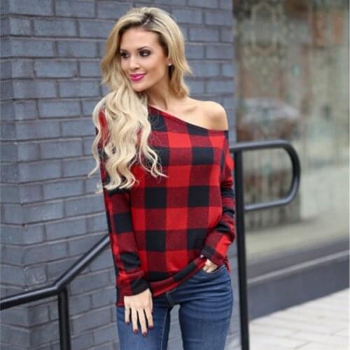 2020 Newest Hot Women`s Plaid Long Sleeve Off Shoulder Pullover T-Shirt Spring Autumn Ladies Casual Loose Jumper Tee Tops