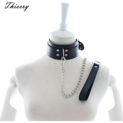 Thierry black PU Leather Choker Necklace, Bondage Neck Collar Chain Leash,Neck Restraint Kit,Adults Sex Toys For Couple