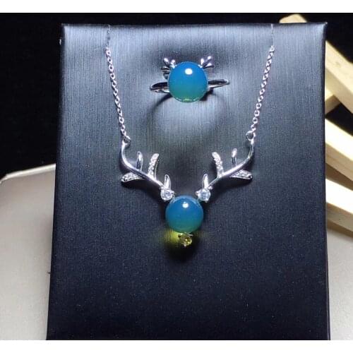 Natural 925 sterling silver inlaid 100% real blue amber beads necklace ring for women amber bracelet jewelry sets