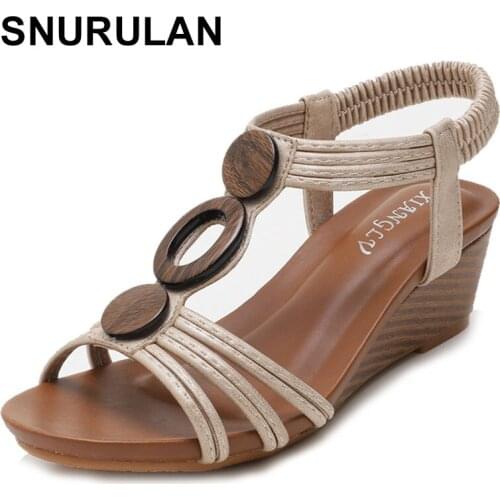 SNURULANWomens Newest Slope Heel Sandals Female Summer Fashion Womens Fish Mouth Bohemian Gladiater Sandals for Women