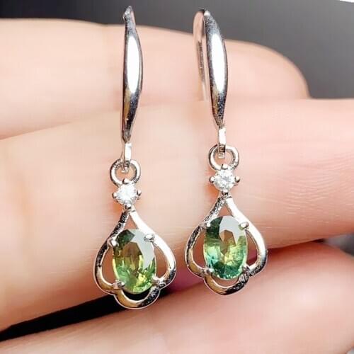 Natural real green sapphire drop earring 0.6ct*2pcs gemstone Per jewelry 925 sterling silver Fine jewelry T209308