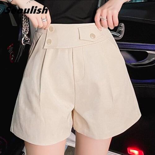 Seoulish Summer 2021 New Buttons Casual Womens Shorts High Waist Wide Leg Shorts Solid Female Elegant Loose Trousers Pocket
