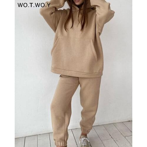 WOTWOY Thickened Fleece Hooded Sweatshirt and Pants Two Pieces Set Women Autumn Winter Warn Hoodies Casual Solid Sweatpants 2021